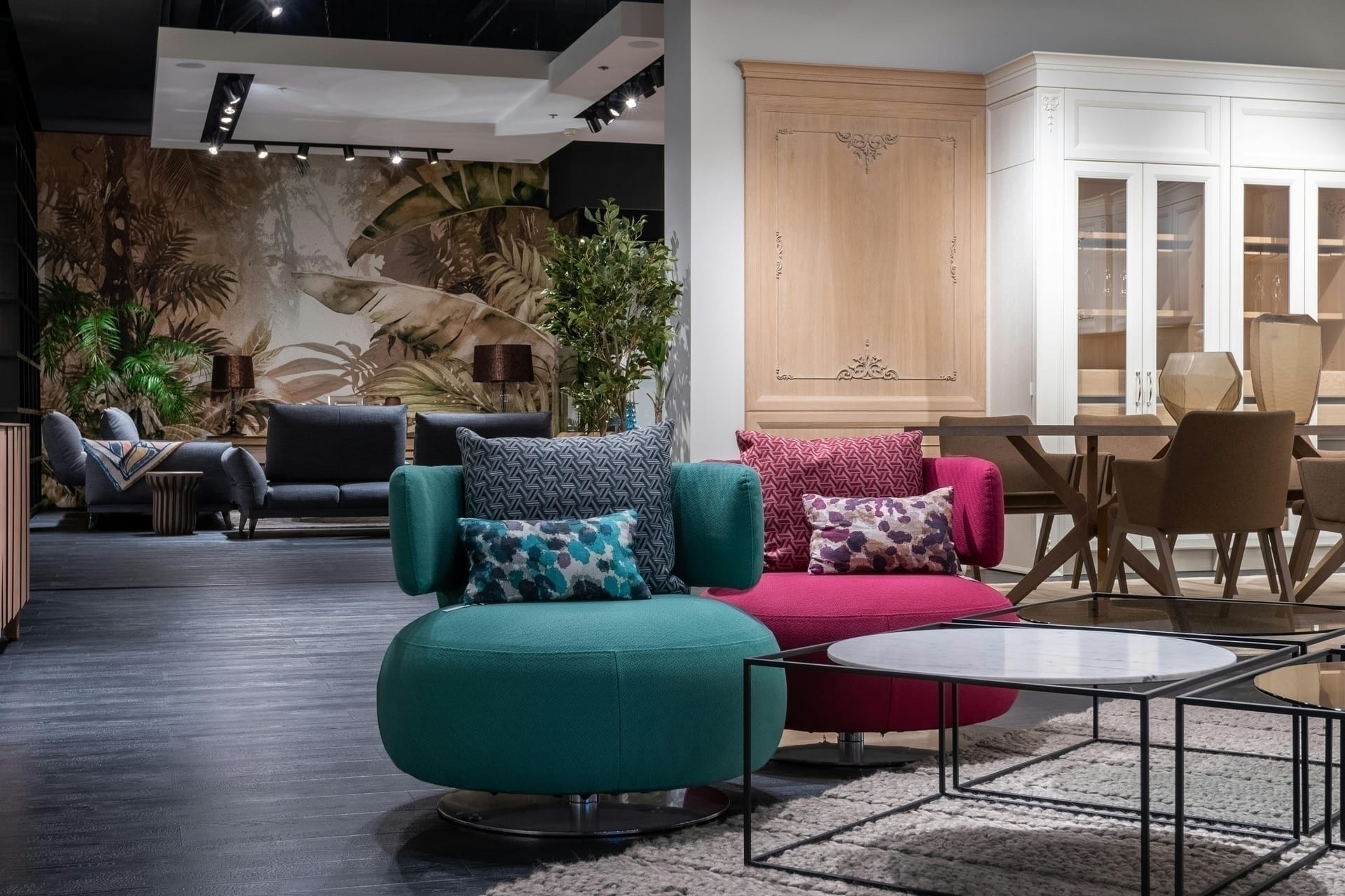 Modern furniture showroom with contemporary design pieces