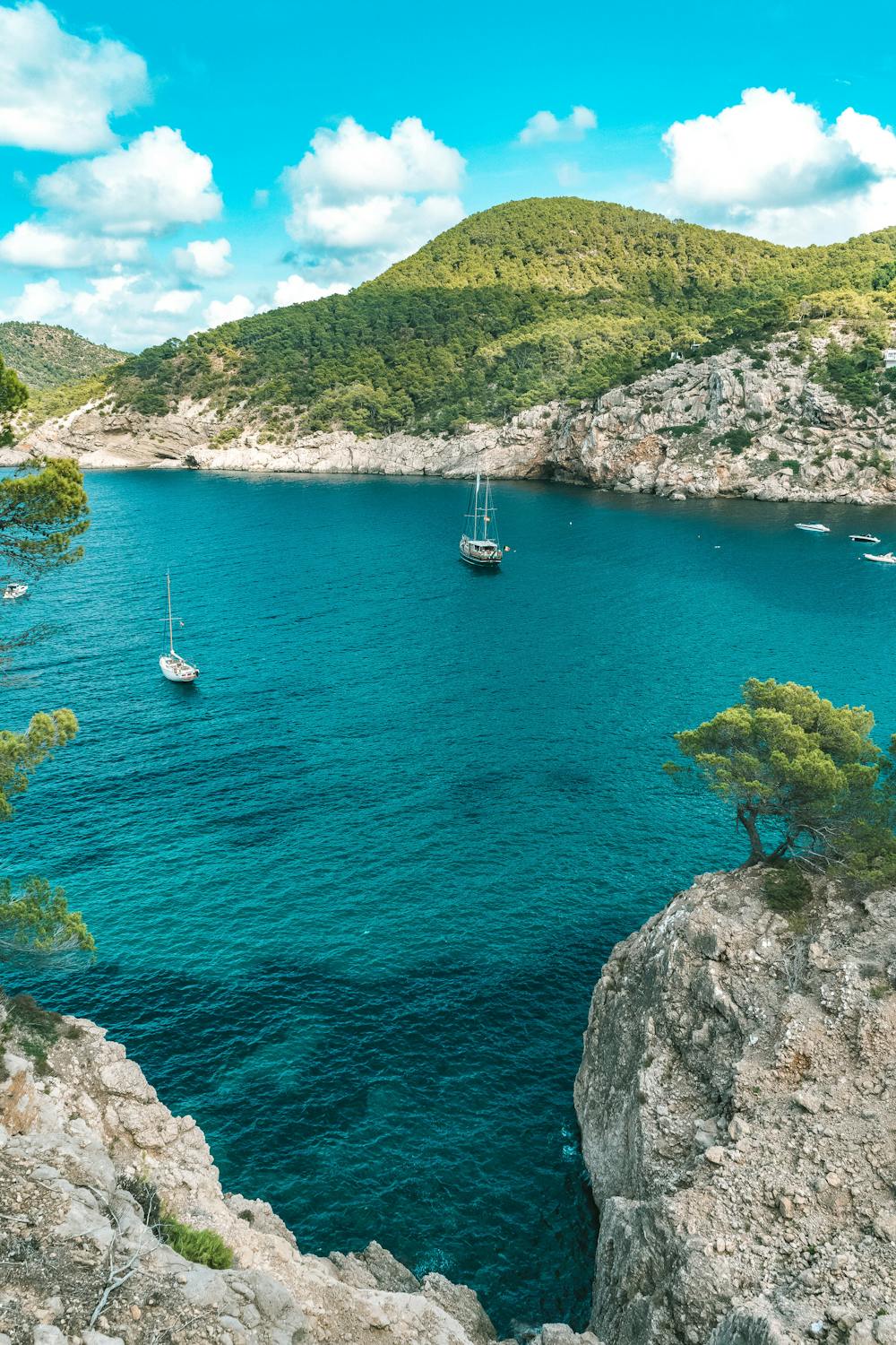 Sailboats anchored in a turquoise bay in Ibiza, Spain