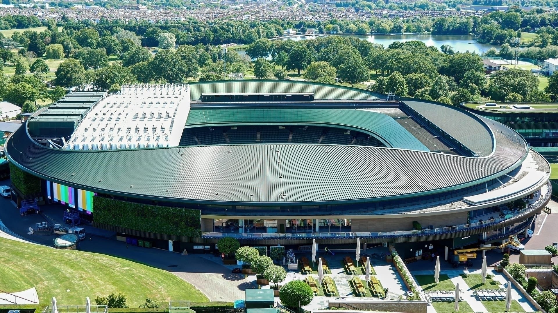 Aerial shot of Wimbledon tennis stadium in summer