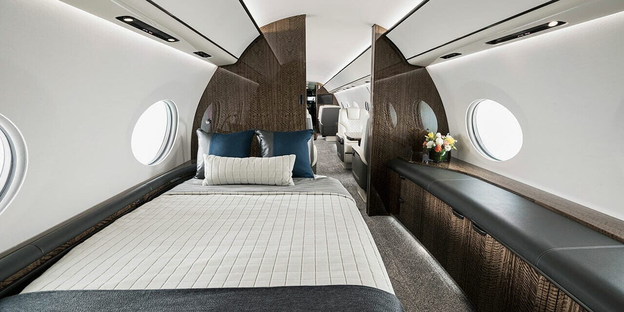 Gulfstream G700 ultra-long-range private jet in flight -- 109.8 feet long with 103 foot wingspan, comparable to a Boeing 737 airliner