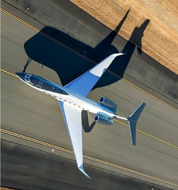 Bombardier Global 7500 aerial top-down view showing 104 foot wingspan -- nearly as wide as a blue whale is long