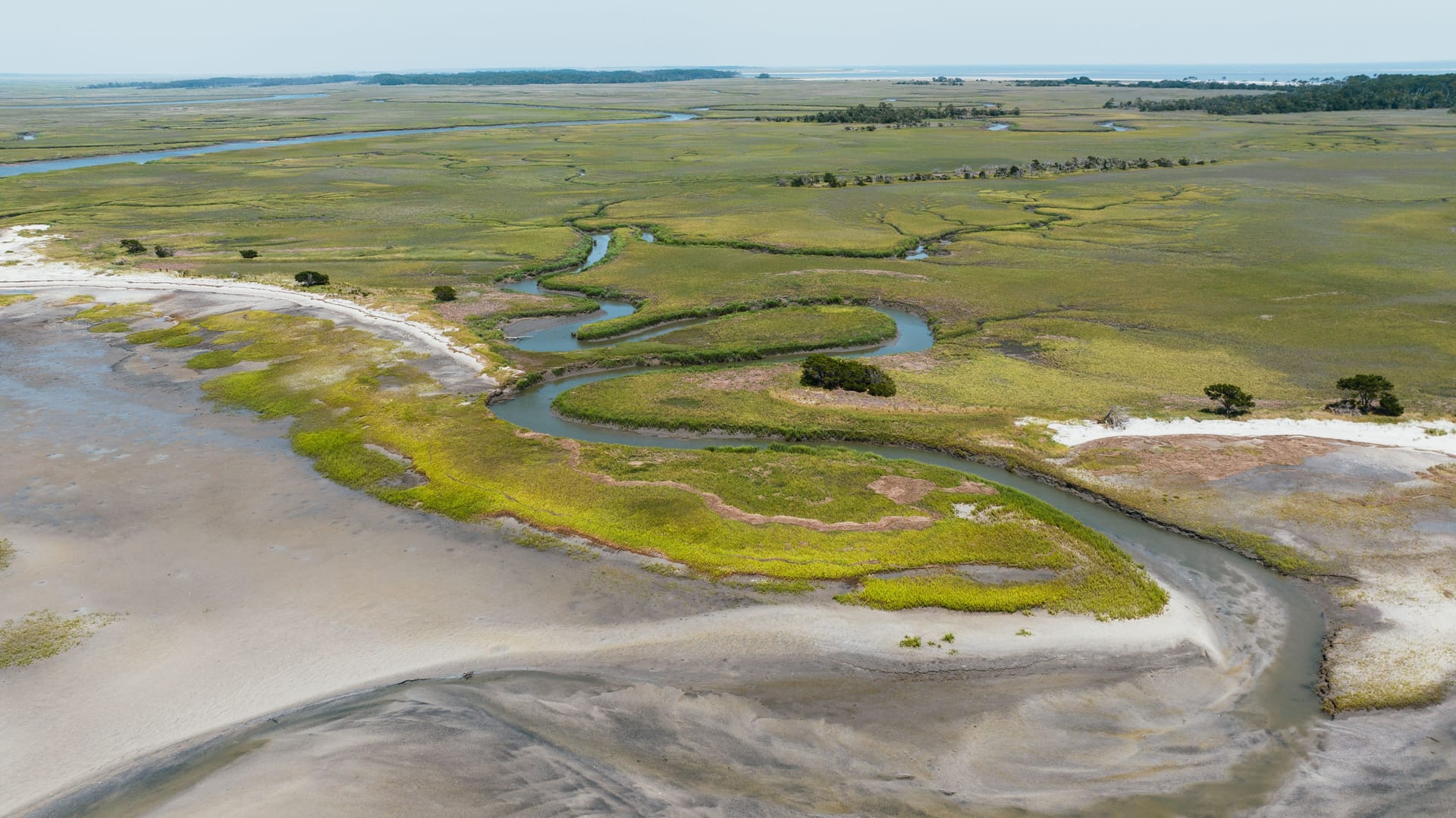 Aerial view of the lowcountry salt marsh and winding tidal creeks at Hilton Head
