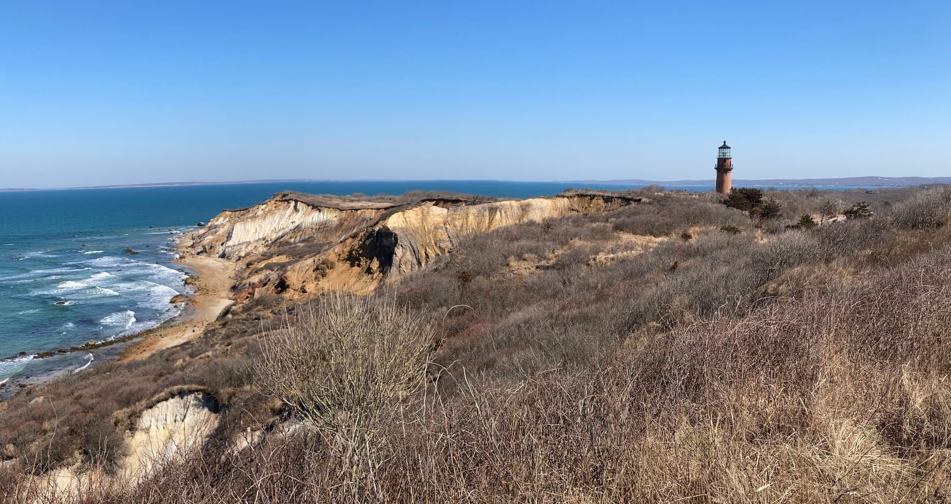 The Aquinnah cliffs and lighthouse on the coast of Martha's Vineyard