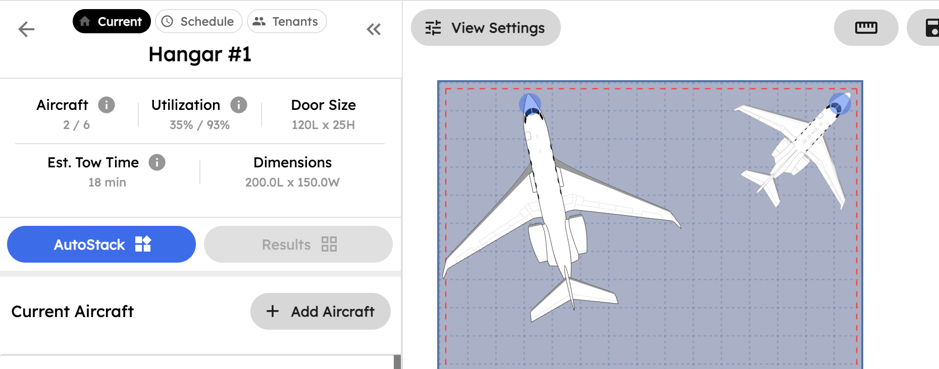 AirPlx hangar optimization showing capacity analysis