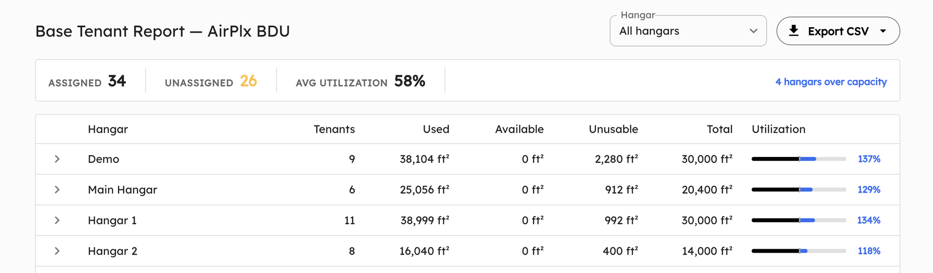 AirPlx tenant report listing aircraft, their hangar assignment and time on base
