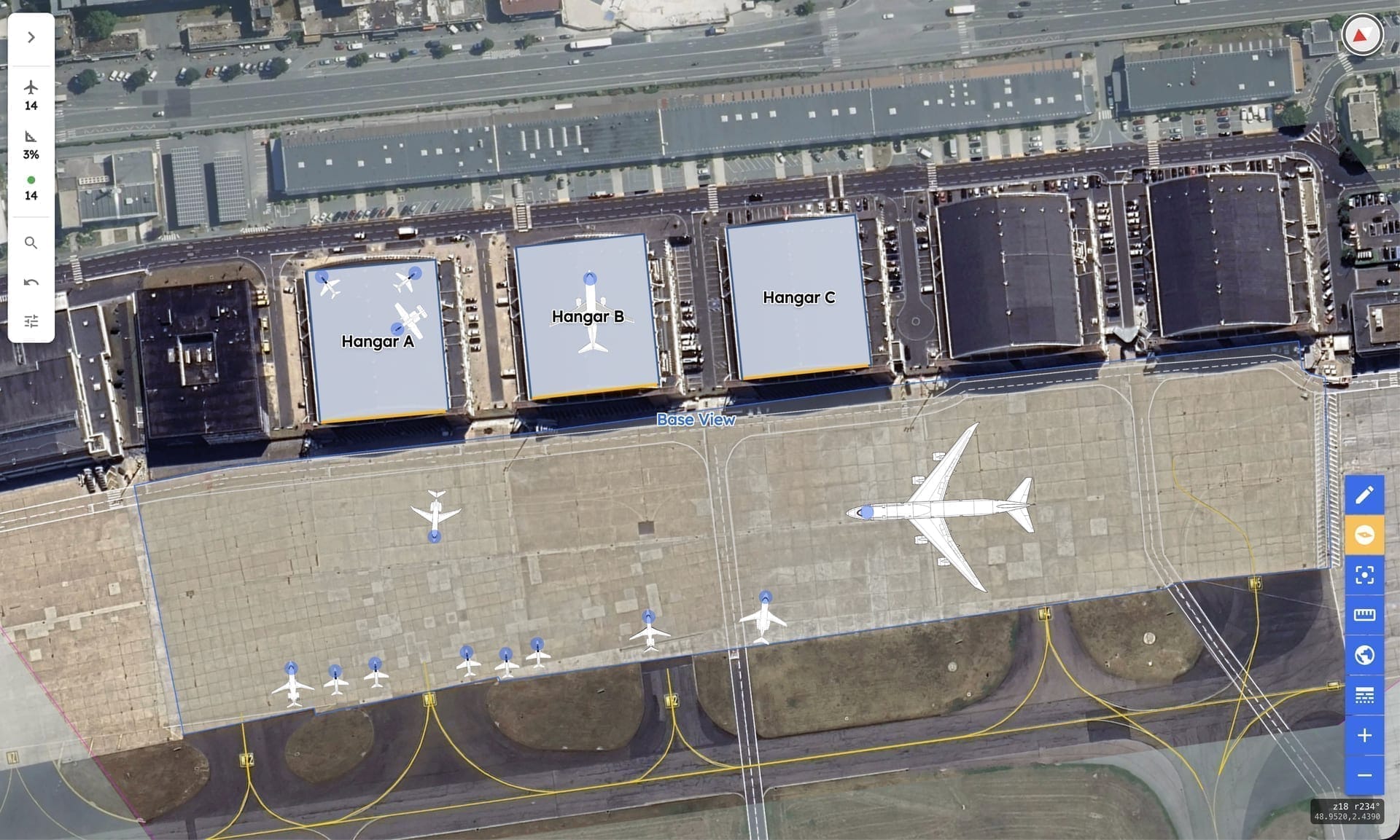 AirPlx Base View across a full airport base, showing hangars and ramp areas together