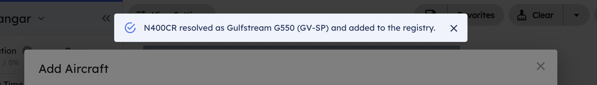 Tail number form auto-populated with operator and aircraft type after resolution