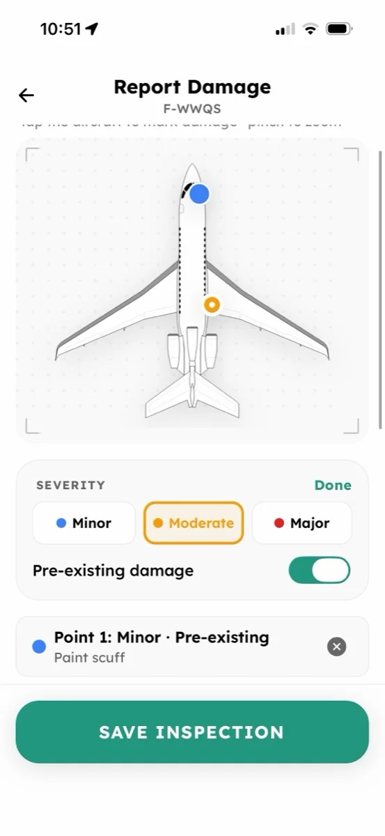 The Report Damage screen in the AirPlx mobile app, with a damage point marked on the aircraft and severity set to moderate