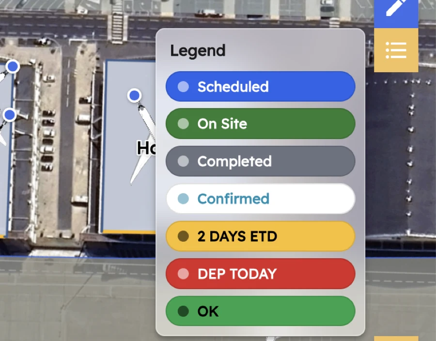 The Legend panel open over a hangar in AirPlx, listing Scheduled, On Site, Completed, Confirmed, 2 Days ETD, Dep Today and OK with their colors
