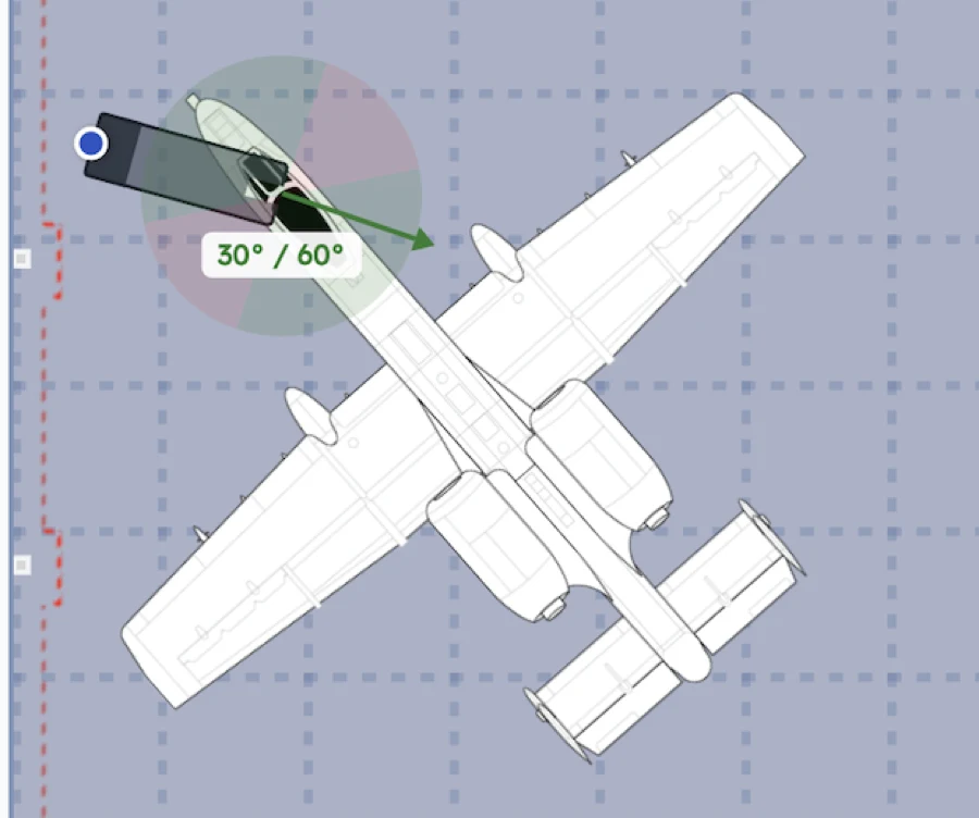 A tug and towbar hooked to a twin-engine aircraft in AirPlx, with the tow-angle cone reading 30 degrees against a 60 degree limit