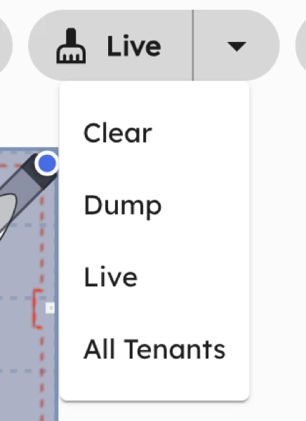 The profile menu in AirPlx, open on options to Clear, Dump, seed from Live, or load All Tenants