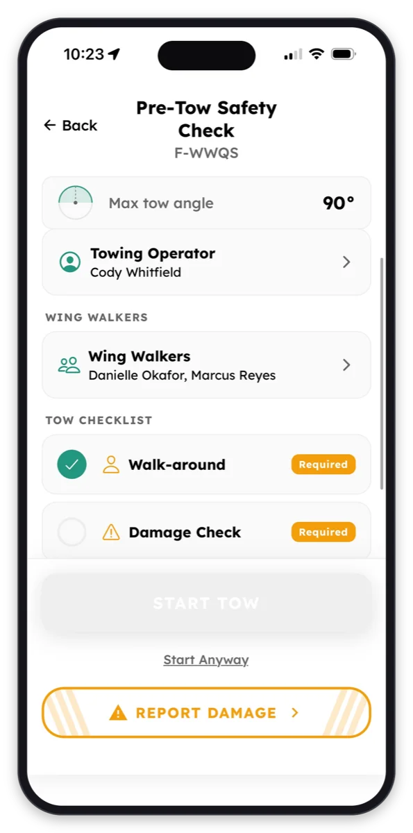 The Pre-Tow Safety Check in the AirPlx mobile app, showing max tow angle, towing operator, wing walkers, and the tow checklist