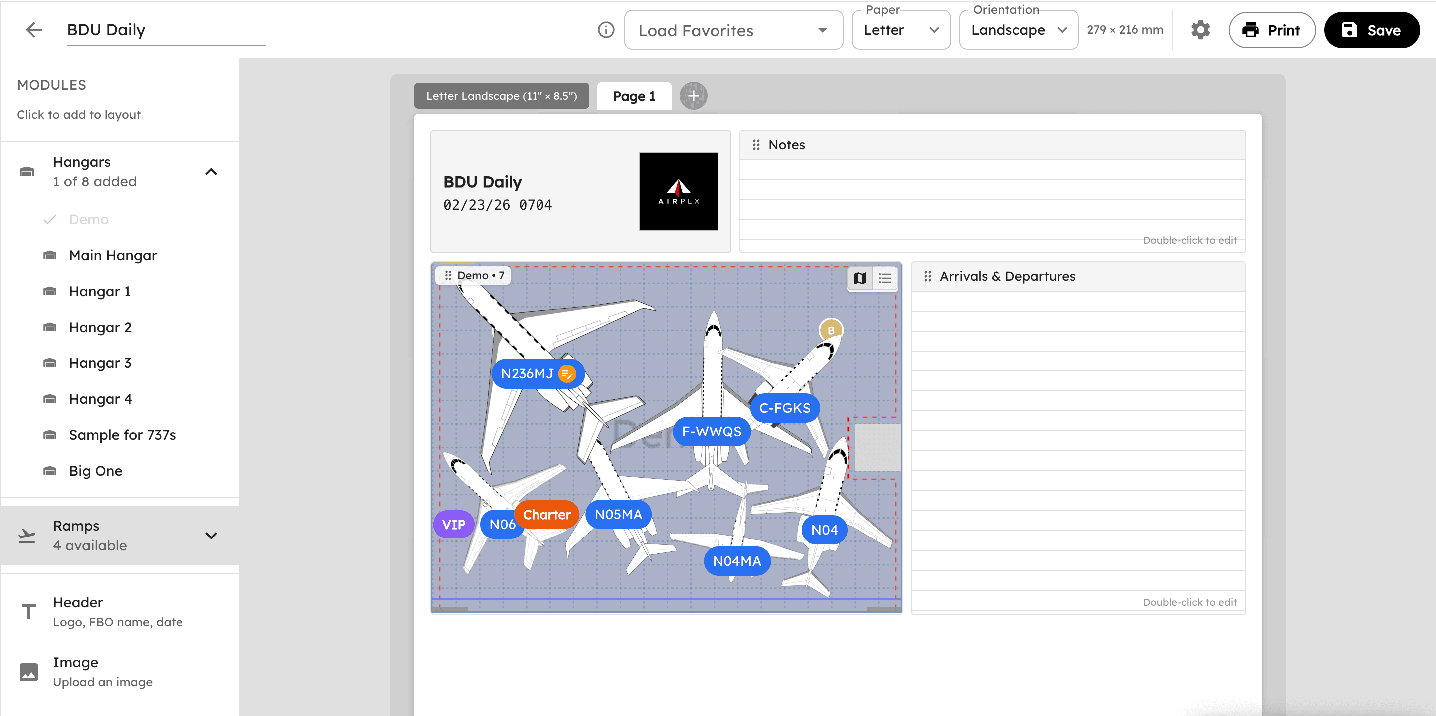 Report Builder editor showing a custom BDU Daily report with hangar visualization, notes, and arrivals modules