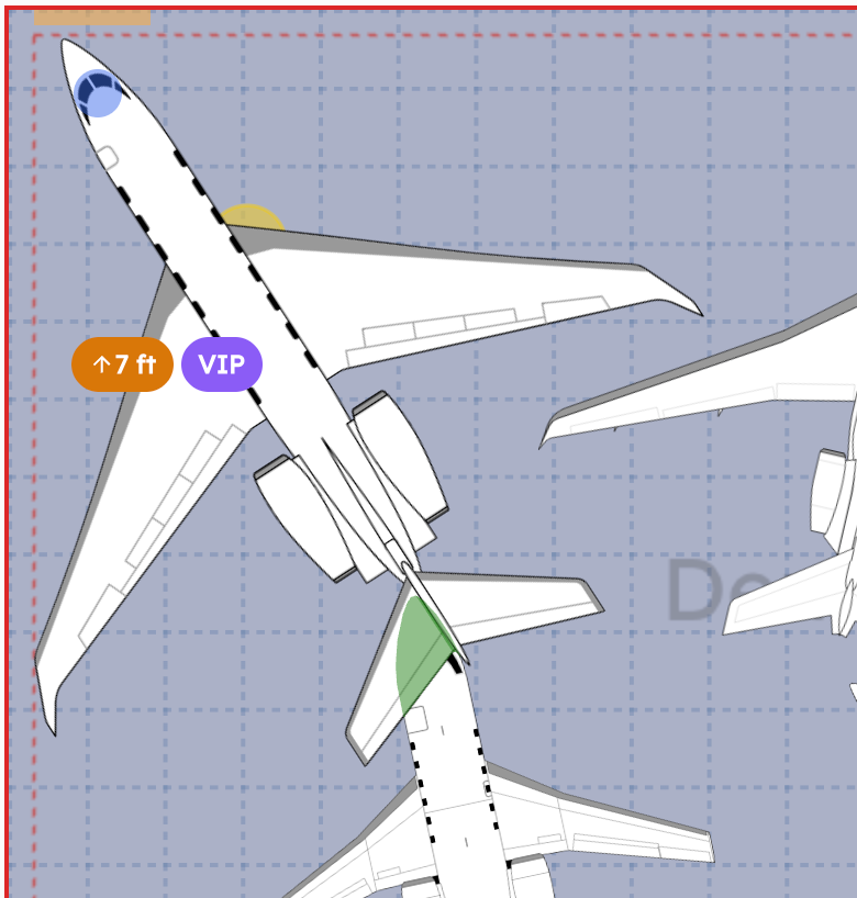 AirPlx showing an aircraft on jacks and the clearance it requires from neighboring aircraft