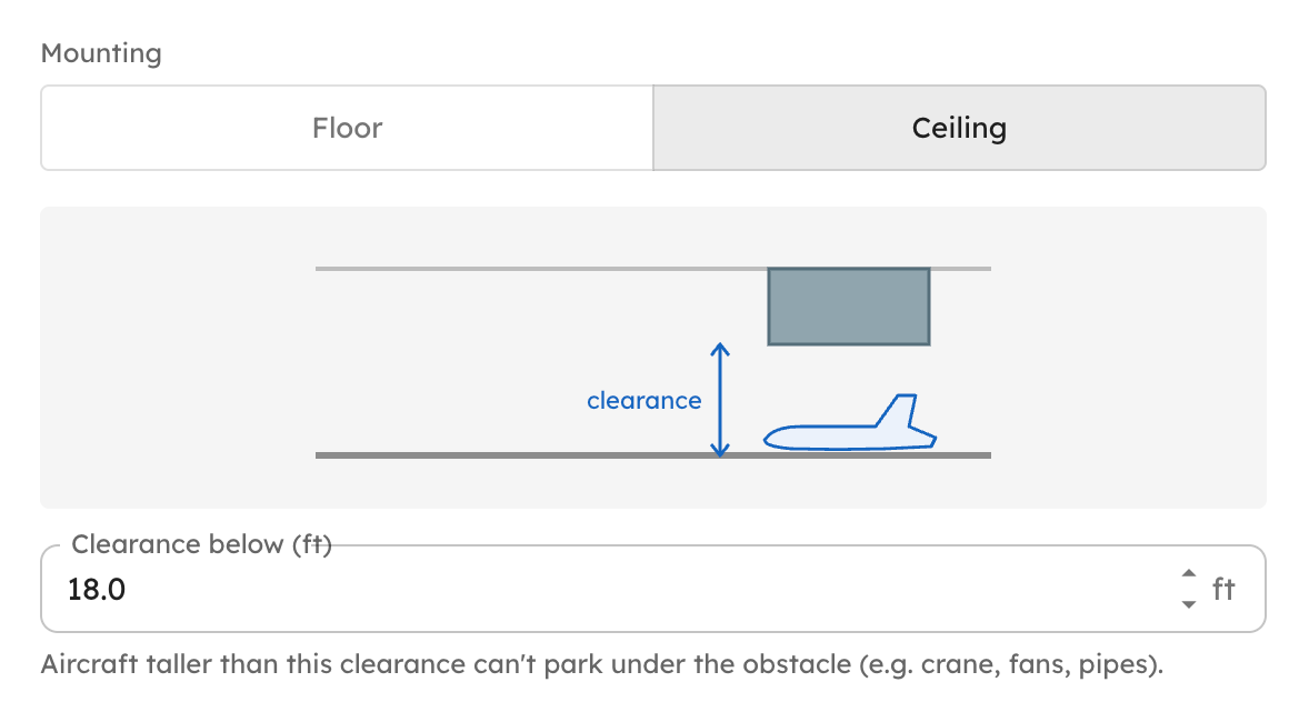 AirPlx hangar layout showing overhead obstacles that constrain where an aircraft can be placed