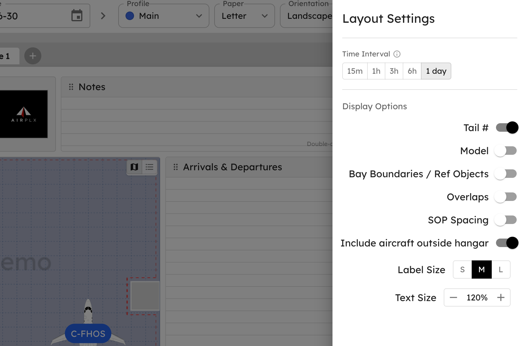 Report Builder with text size, outside-aircraft, and profile controls