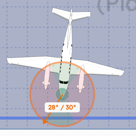 AirPlx showing a tow at 28 degrees against a 30 degree nosewheel steering limit, marked amber