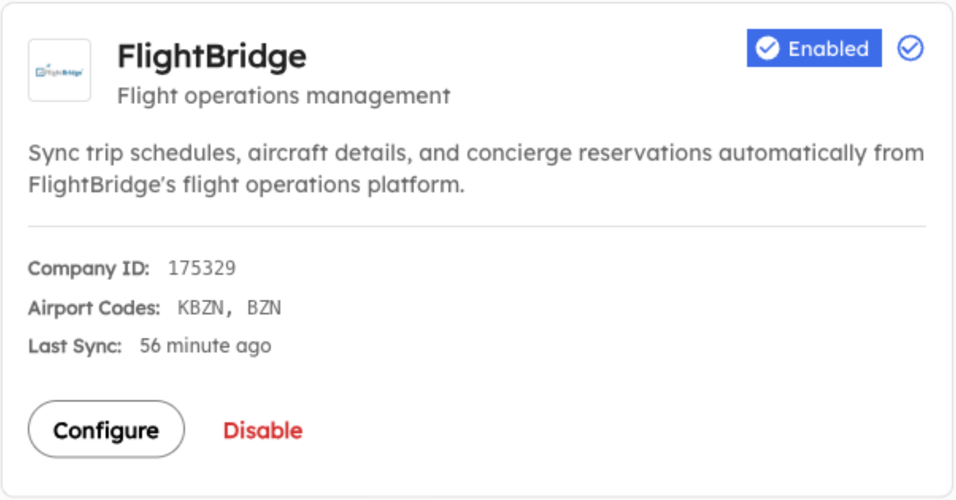 The AirPlx configuration screen for the FlightBridge integration
