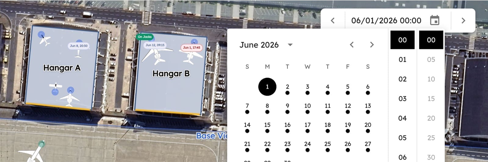 Date and time picker open over the live Base View map, with scheduled aircraft