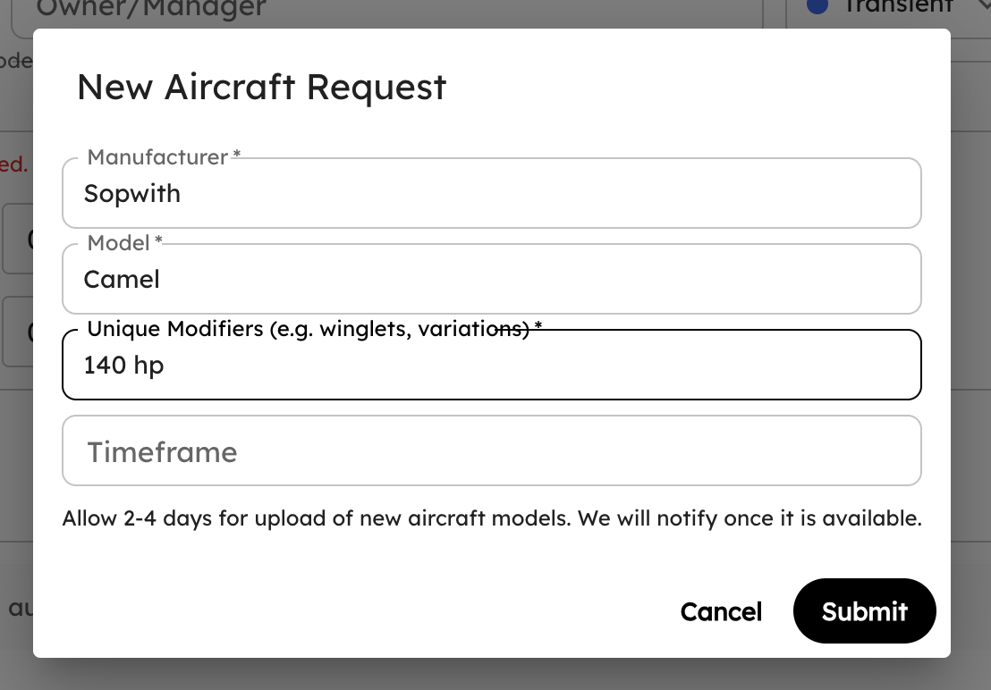New Aircraft Request form with manufacturer, model, and modifier fields