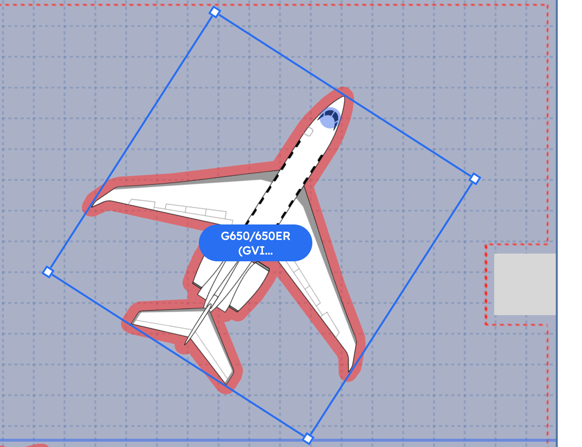 AirPlx 3D hangar simulation of Gulfstream G650 swept-wing tow showing actual wingtip clearance path versus visual safety zone during a 15-degree turn