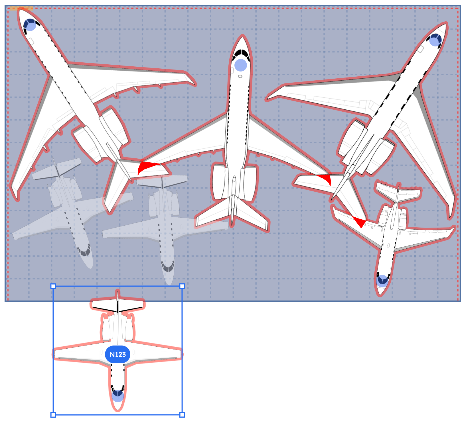 Hangar optimization software showing aircraft layout