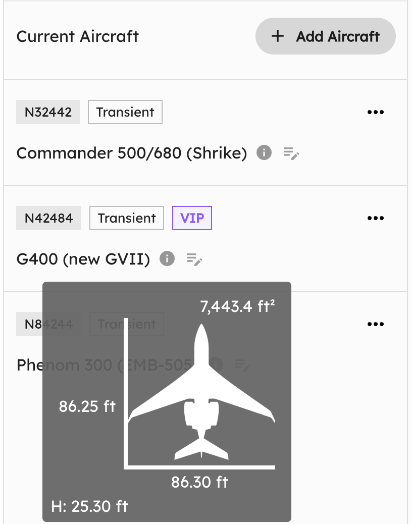 Aircraft library with 1,000+ models and verified dimensions