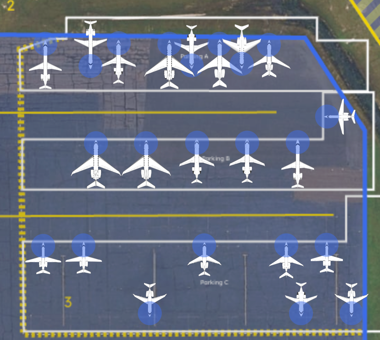 AirPlx ramp layout for an event, with aircraft positioned across marked parking areas
