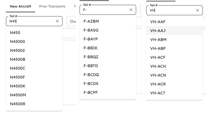 AirPlx tail number lookups across several national registries, each returning the aircraft type and its verified dimensions