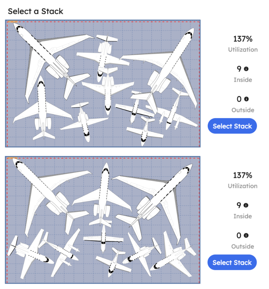 AutoStack offering two generated stacks for the same hangar, each drawn to scale with the aircraft nested together and labeled with its utilization and how many aircraft fit inside