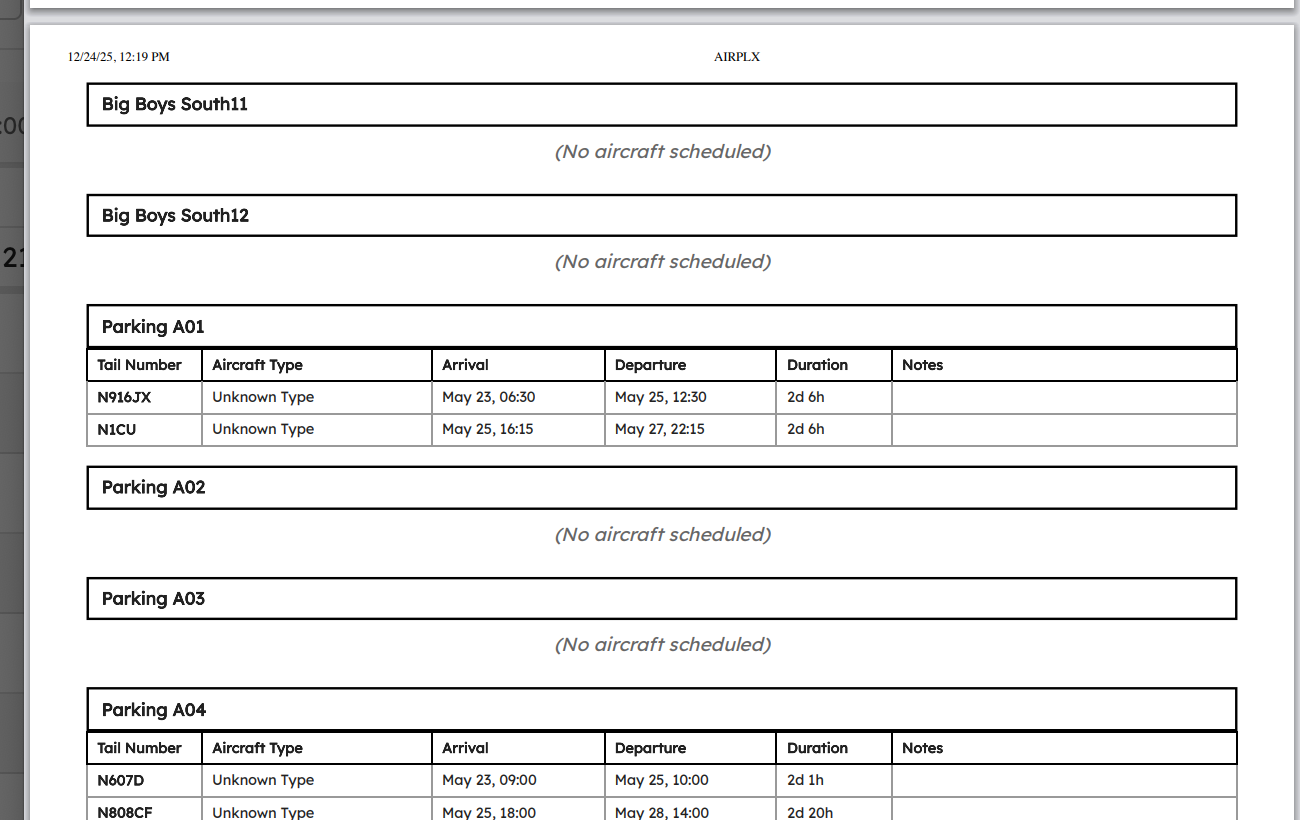 Printable AirPlx schedule sheet for the shift