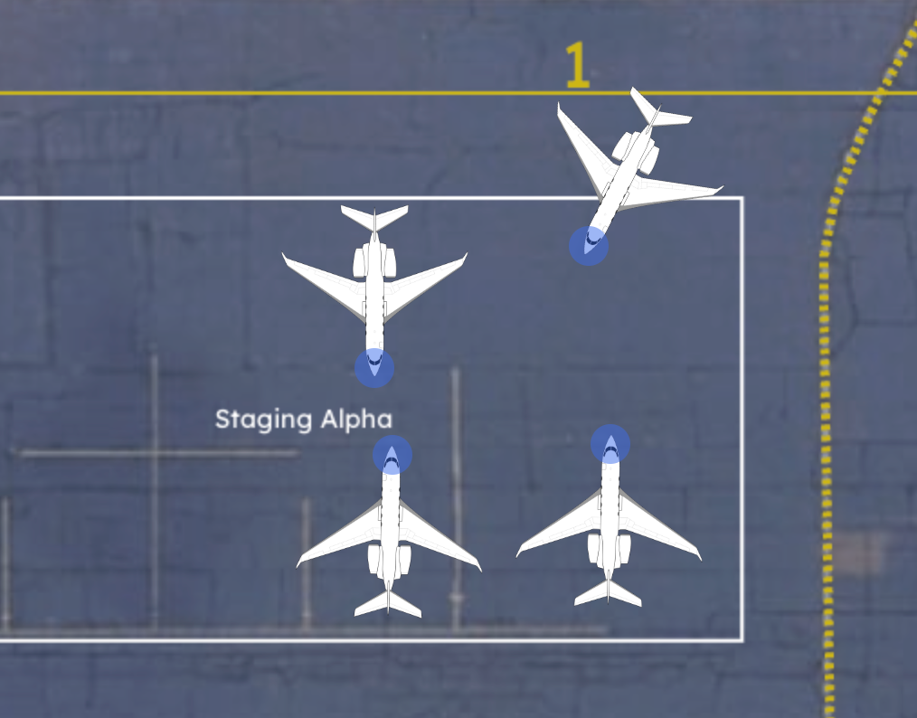 AirPlx ramp view with aircraft positioned inside a named staging area on satellite imagery