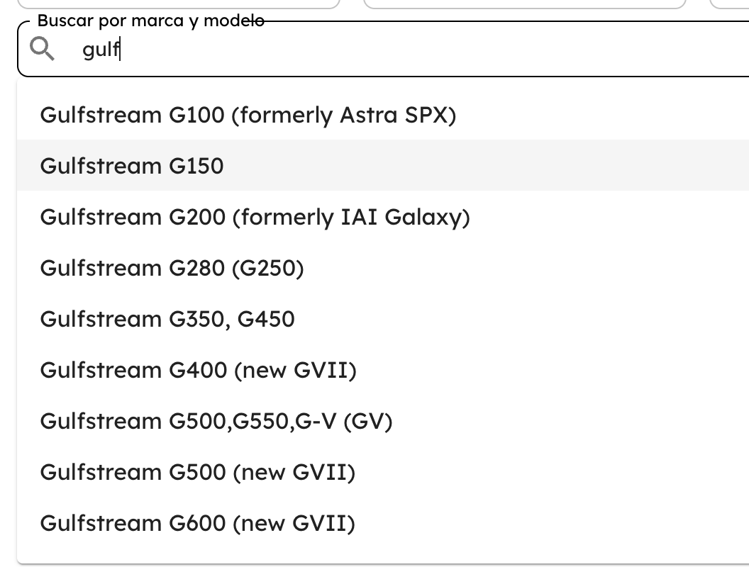 AirPlx aircraft search in Spanish, returning matching types with their dimensions