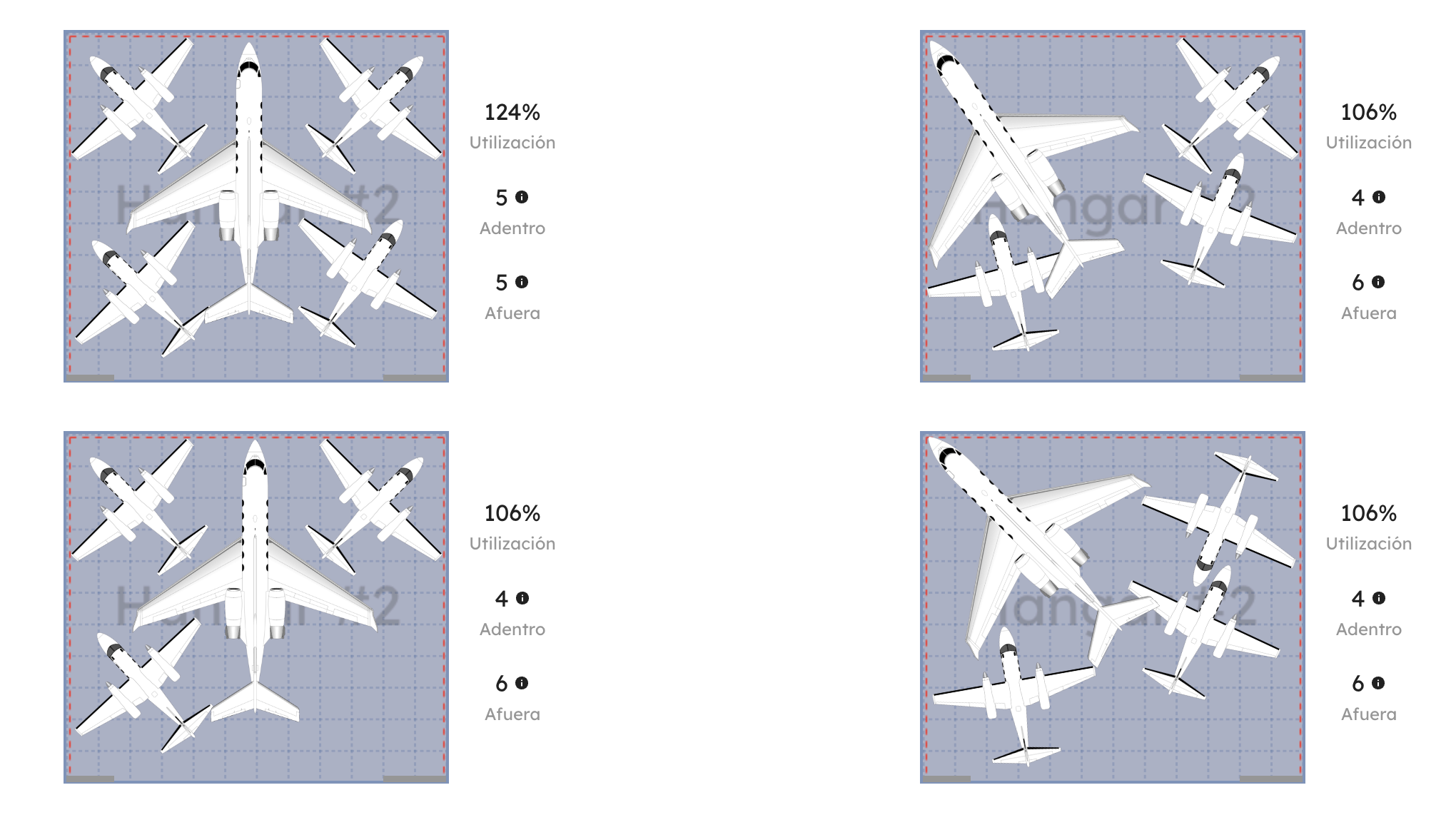 AirPlx hangar stacking in Spanish, with aircraft placed against verified dimensions and clearances shown