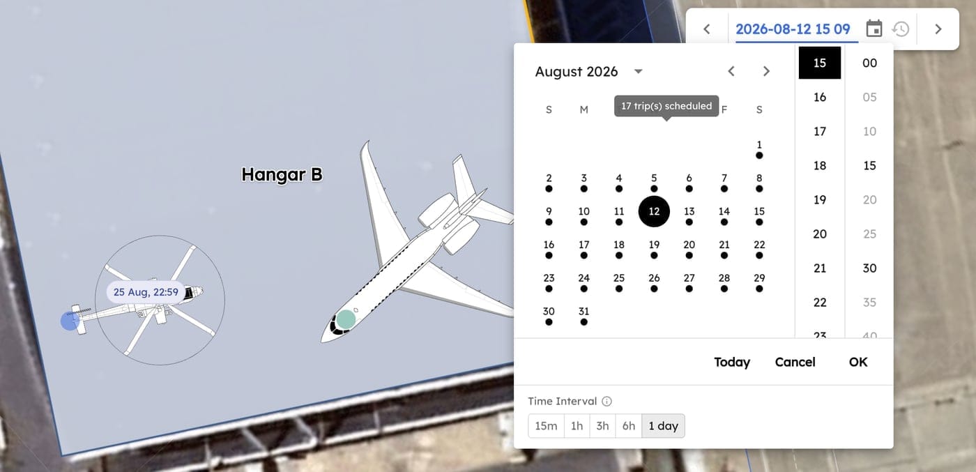 AirPlx Base View showing a hangar and its ramp on satellite imagery with a parked jet and a helicopter, and an open date and time picker set to August 12, 2026 with a note reading 17 trips scheduled