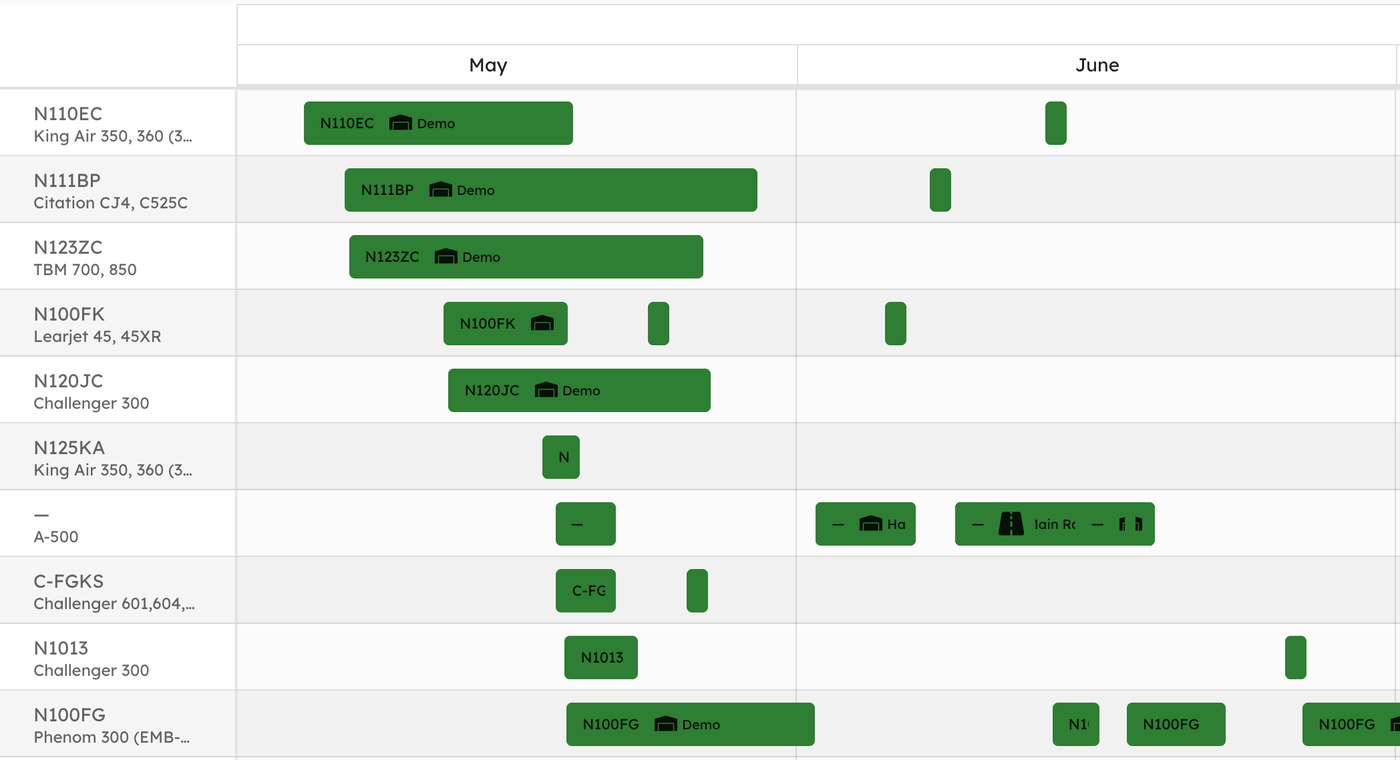 An AirPlx schedule timeline for maintenance work, listing aircraft by tail number and type down the left and showing each job as a bar spanning May and June