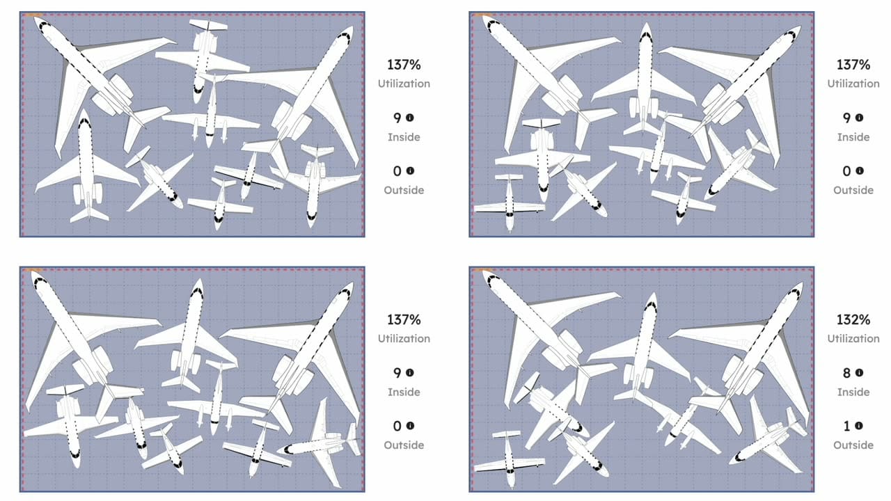 AutoStack nesting aircraft into a hangar: four generated layouts fill in side by side, with each hangar's utilization and inside/outside counts recalculated as the aircraft go in