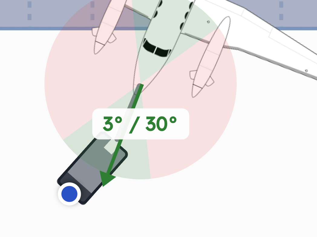 A close view of an AirPlx tow in progress: a tug and towbar connected at the nose gear, the steering envelope drawn as a green wedge inside a red one, and a readout of 3 degrees required against a 30 degree steering limit